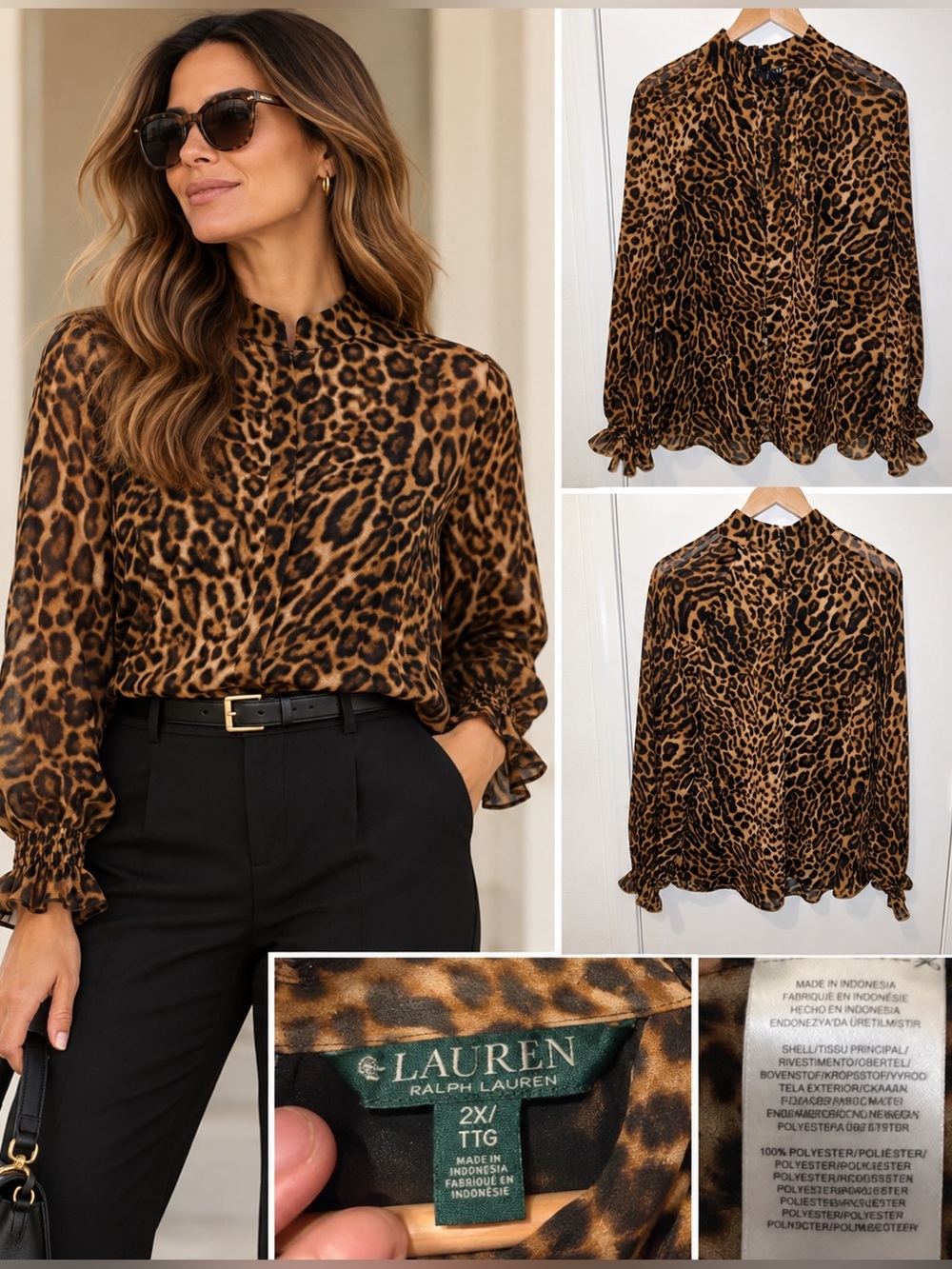 Lauren Ralph Lauren Leopard Print Ruffle Cuff Blouse 2X